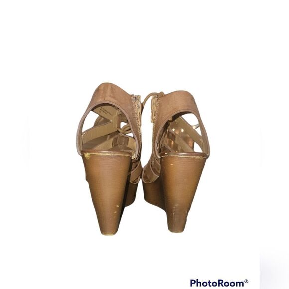 Steve Madden Limmoo Caged Wedges Faux Wooden Look Brown 9.5 - Picture 10 of 11